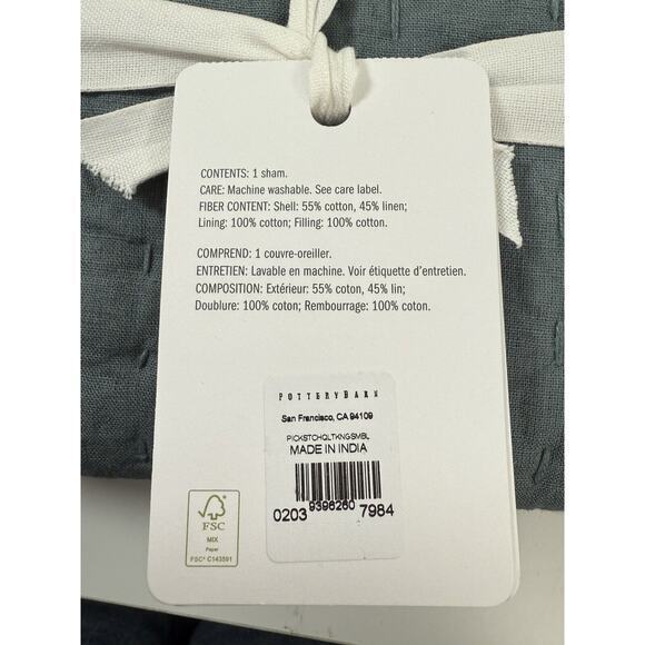 Pottery Barn Pick Stitch Cotton Linen Quilted King Sham‎ Sonoma Blue NEW NWT - Picture 9 of 10